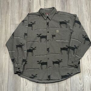 True Grit Mens Gray Moose Pattern Button Down Shirt  Size Large Preowned